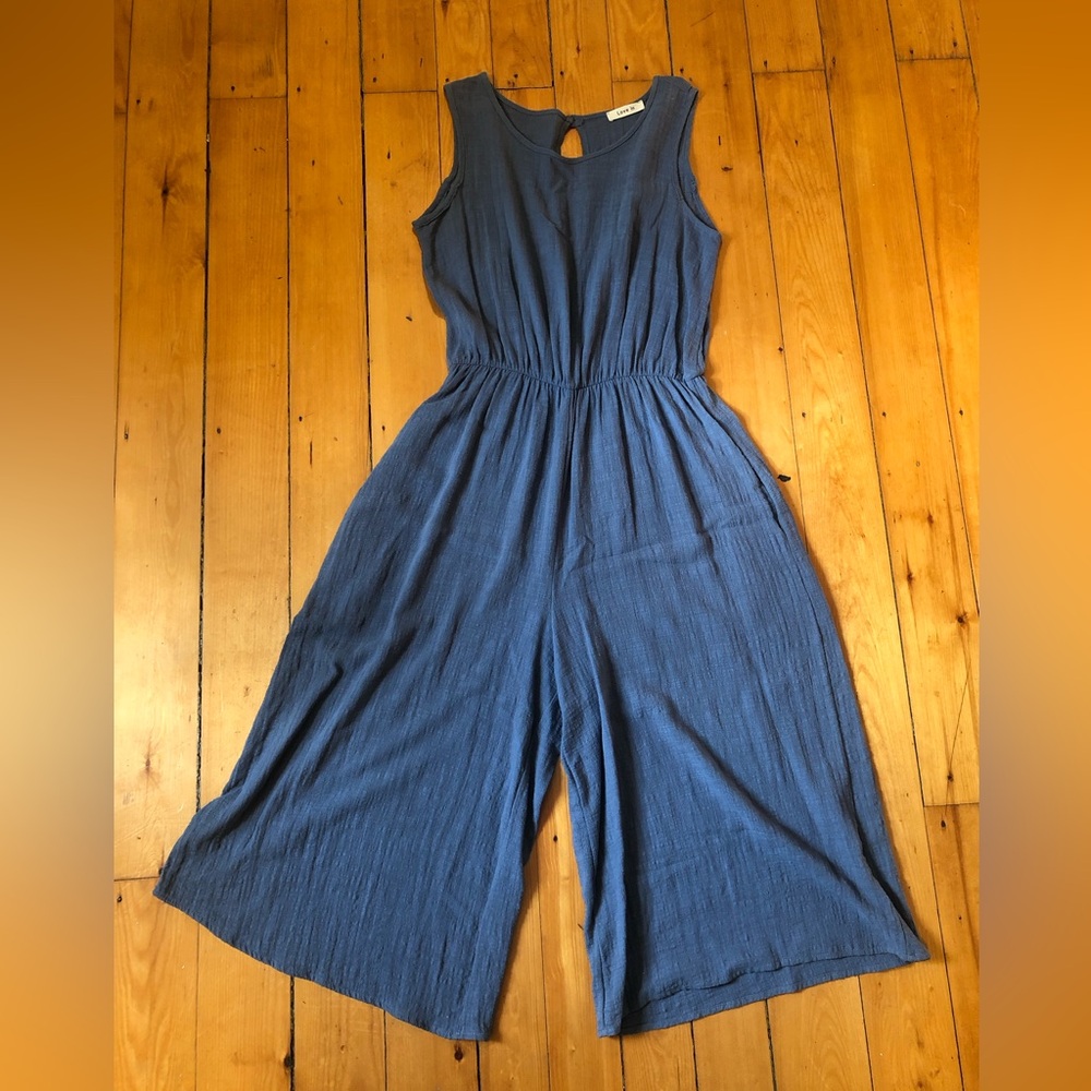 Blue Cotton Linen Textured Jumpsuit Size Small/Medium With Pockets
